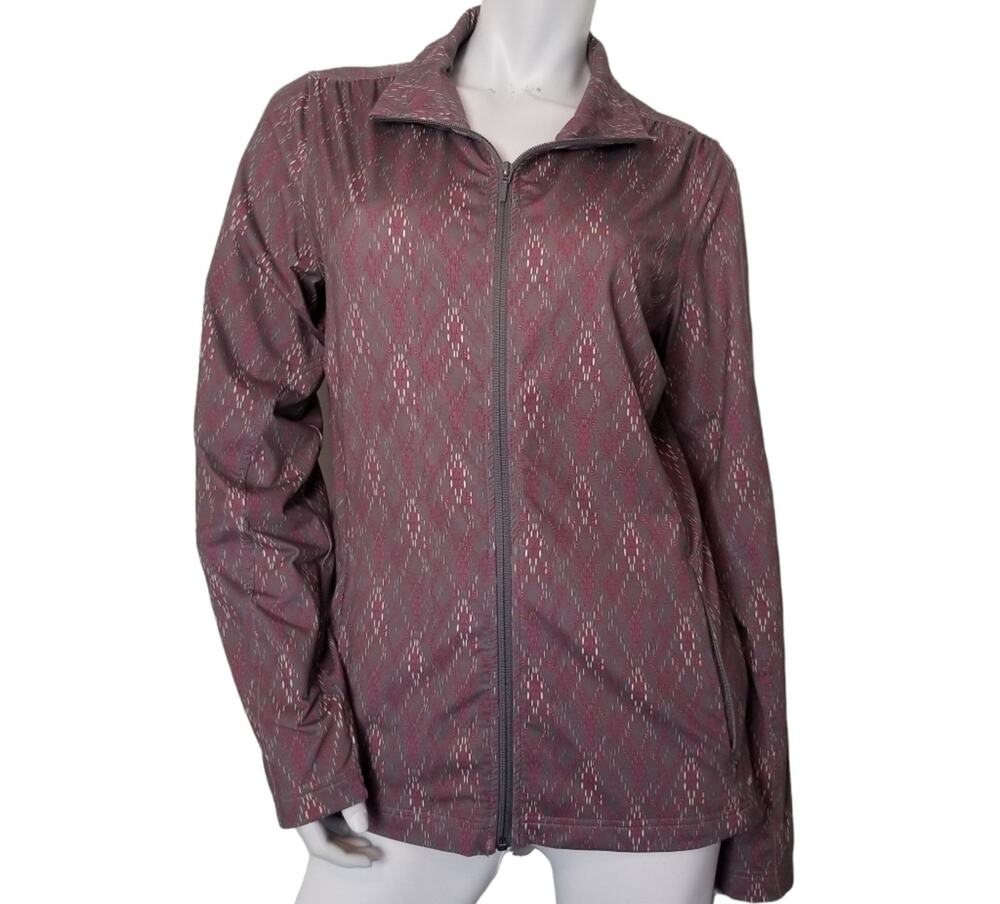 Merrell WMS Large Jacket Full Zip Taupe Gray Red Moisture Wicking Gorpcore Coat